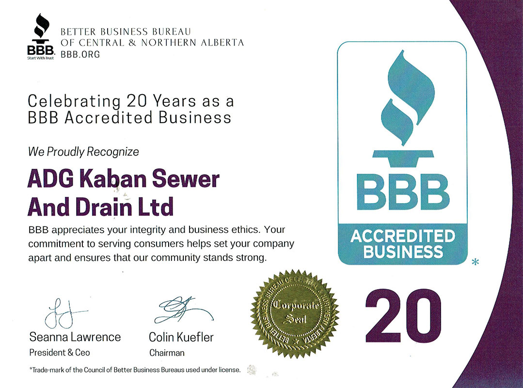 Better Business Bureau certificate celebrating 20 years of ADG Kaban Sewer and Drain Ltd. as a BBB Accredited Business